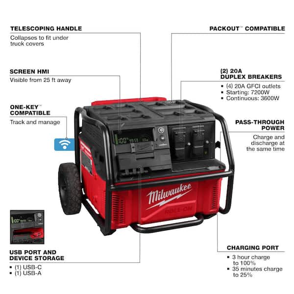 Milwaukee - ROLL-ON 3600-Watt Output/7200-Watt Peak 2.5kWh Lithium-Ion Battery Powered Push Start Power Station Battery Generator