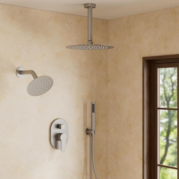 3-Spray 10 and 6 in. Dual Shower Heads Ceiling Mount and Handheld Shower Head in Brushed Nickel (Valve Included)