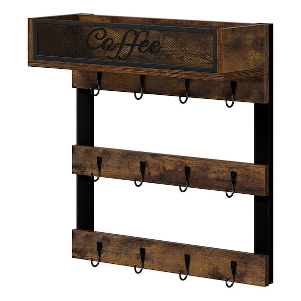12-Hook Brown Wall Mounted Coffee Mug Tree with Top Shelf, Coffee Cup Holder for Home Kitchen Cup Storage and Organizer