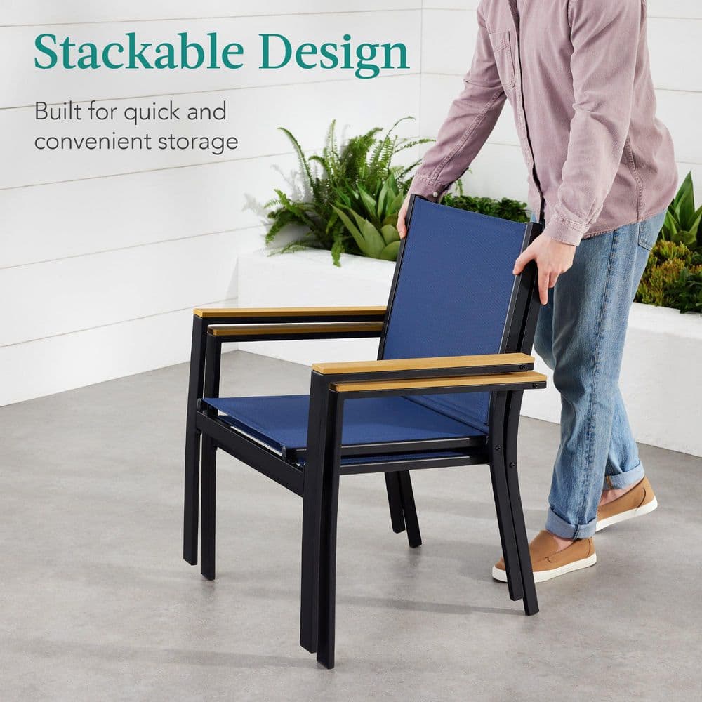 Set of 2 Blue Metal Armchairs with Wooden Armrests