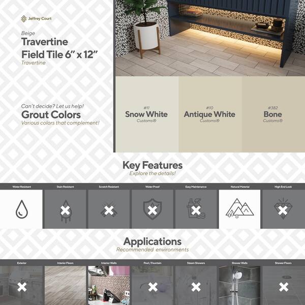 Jeffrey Court Travertine Beige/Cream 6 in. x 12 in. Honed Travertine Wall and Floor Tile (1 sq. ft. / pack) Jeffrey Court Travertine Beige/Cream 6 in. x 12 in. Honed Travertine Wall and Floor Tile (1 sq. ft. / pack)
