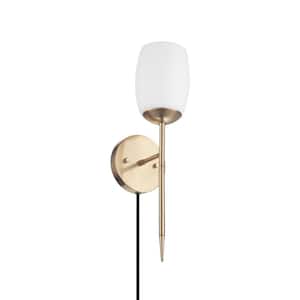 Raoul 1-Light Matte Brass Plug-In or Hardwire Wall Sconce with Opal Glass Shade