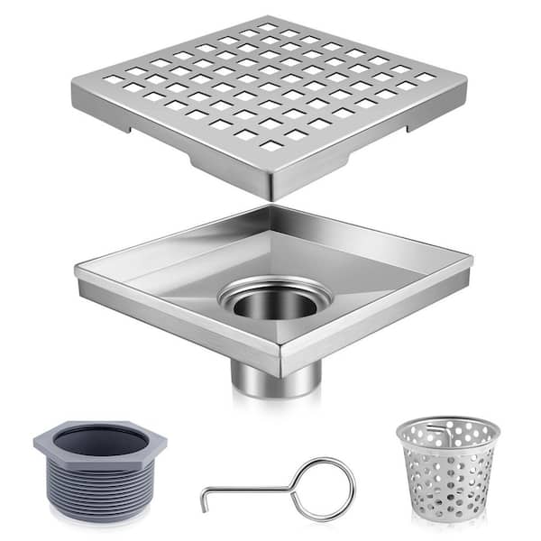 6 in. x 6 in. Stainless Steel Square Shower Drain with Square Pattern Drain Cover in Brushed Nickel