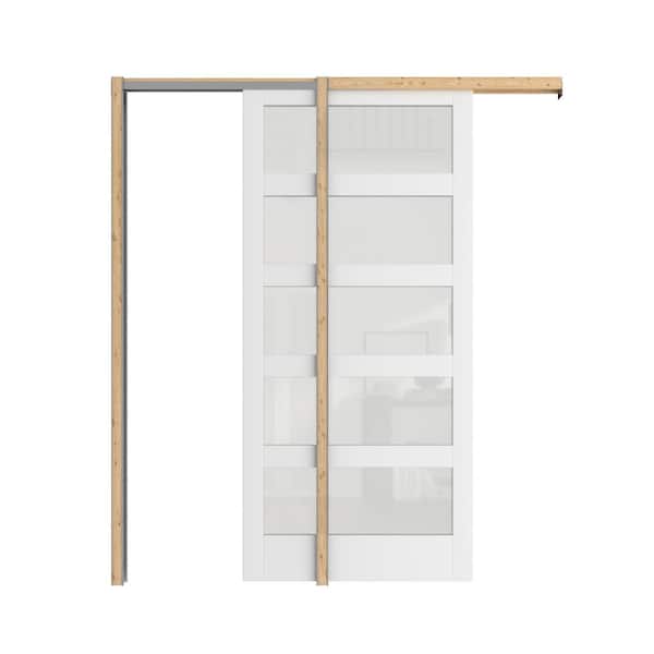 36 in.x 80 in. 5 Lite Frosted Glass, Solid Core, DIY Painted, White Primed, MDF Composite Sliding Door with All Hardware