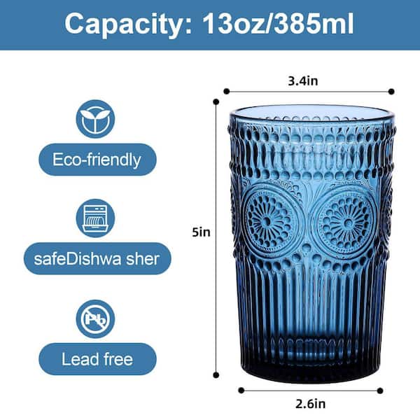 Wudkey 13 oz. Blue Vintage Drinking Glasses Set of 6, Embossed Striped Drinkware for Water, Cocktails, Juice, Iced Coffee