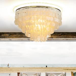 25.6 in. 6-Light Coastal Natural Capiz Shell Tiered Flush Mount Ceiling Light With Antique Gold Metal