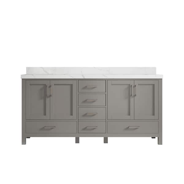 Willow Collections Malibu 72 in. W x 22 in. D x 36 in. H Double Sink Bath Vanity in Gray with 2 in. Calacatta Quartz Top