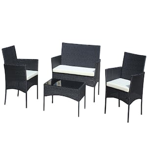 Black 4-Pieces. Metal Frame Outdoor Sectional Set with Beige Cushions PE Rattan Furniture Wicker Sets with Tea Table