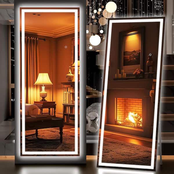Hasipu 22 in. W x 67 in. H Square Black LED Lighted Floor Standing Mirror, Full Body Dressing Mounted Mirror, Tempered Glass