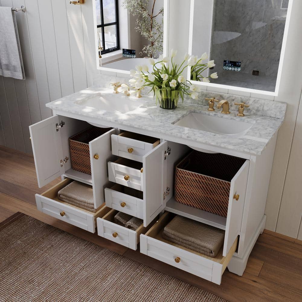 Audrey 60'' White Double Bathroom Vanity with Marble Top and Gold Hardware