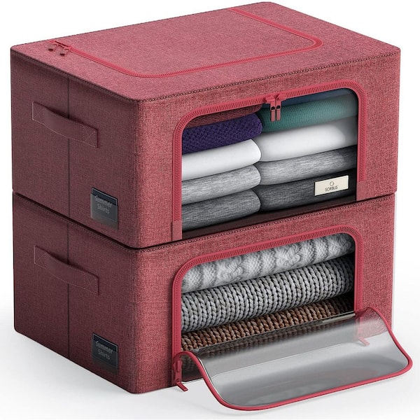 Storage Bins, Organizers with Metal Frame, Handles, and Window, Pink 15.75 in. x 8 in. Fabric Decorative Box (Set of 2)
