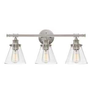 Display Parker 3-Light Brushed Nickel Vanity Light with Clear Glass Shades