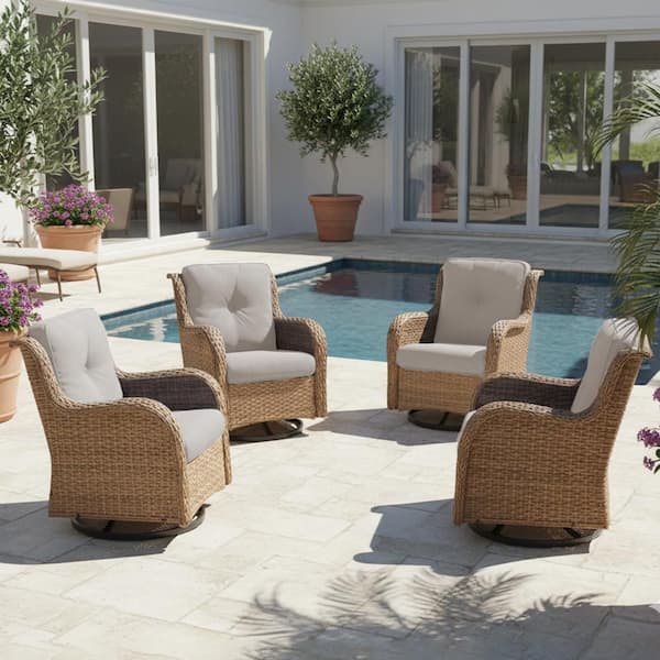 4-Piece Set Outdoor Swivel Yellow Wicker Outdoor Rocking Chair with CushionGuard Beige Cushions