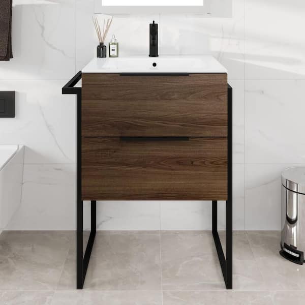 Marina 27 in. Single Sink Dark Walnut Bath Vanity with White Porcelain Top (Assembled)