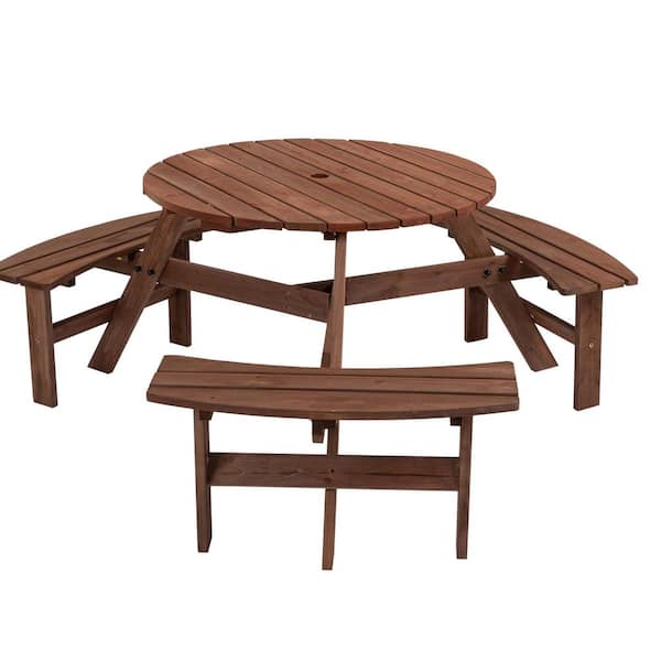 Zeus & Ruta 66.92 in. W 6-Person Circular Outdoor Wooden Picnic Table for Patio, Backyard, Garden, DIY with 3 Built-in Benches Brown