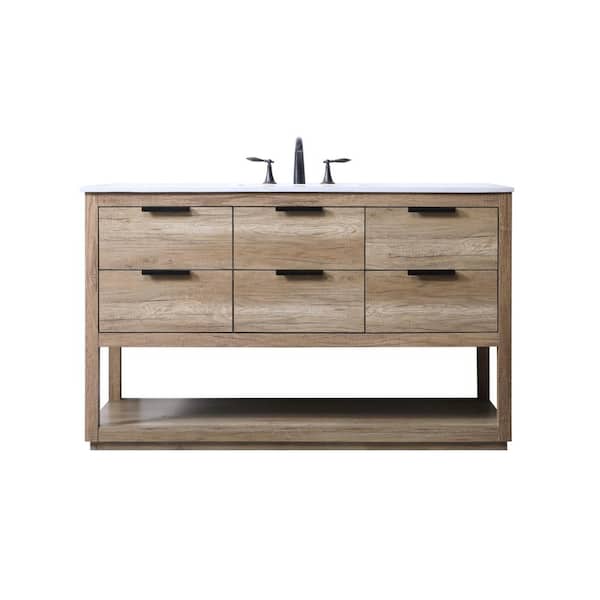 54 in. W x 22 in. D x 34 in. H Bath Vanity in Natural Oak with White Engineered Marble Top