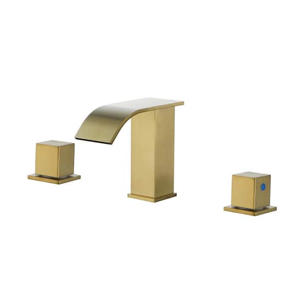 IVIGA 8 in. Widespread Waterfall Spout Double Handle Bathroom Faucet with Drain Kit Included in Brushed Gold