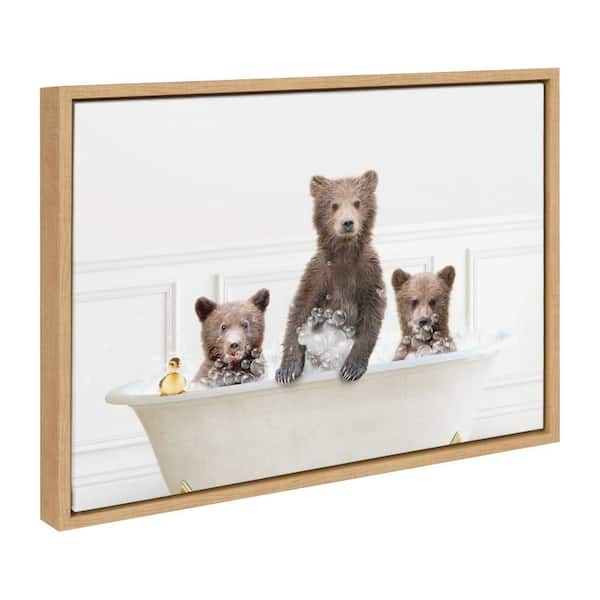 Sylvie "Three-bears In Bubble Bath Neutral Style" by Amy Peterson Art Studio Natural Framed Art Print 24 in. x 18 in.