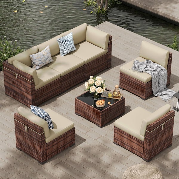 7-Pieces Brown Wicker Patio Conversation Set with beige Cushions