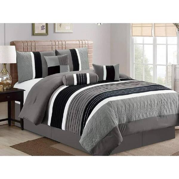 Shatex Bedding Comforter Set Bed In A Bag Collection, 7PC Luxury Microfiber Bedding Sets- Striped Bedroom Comforters-Queen-Gray