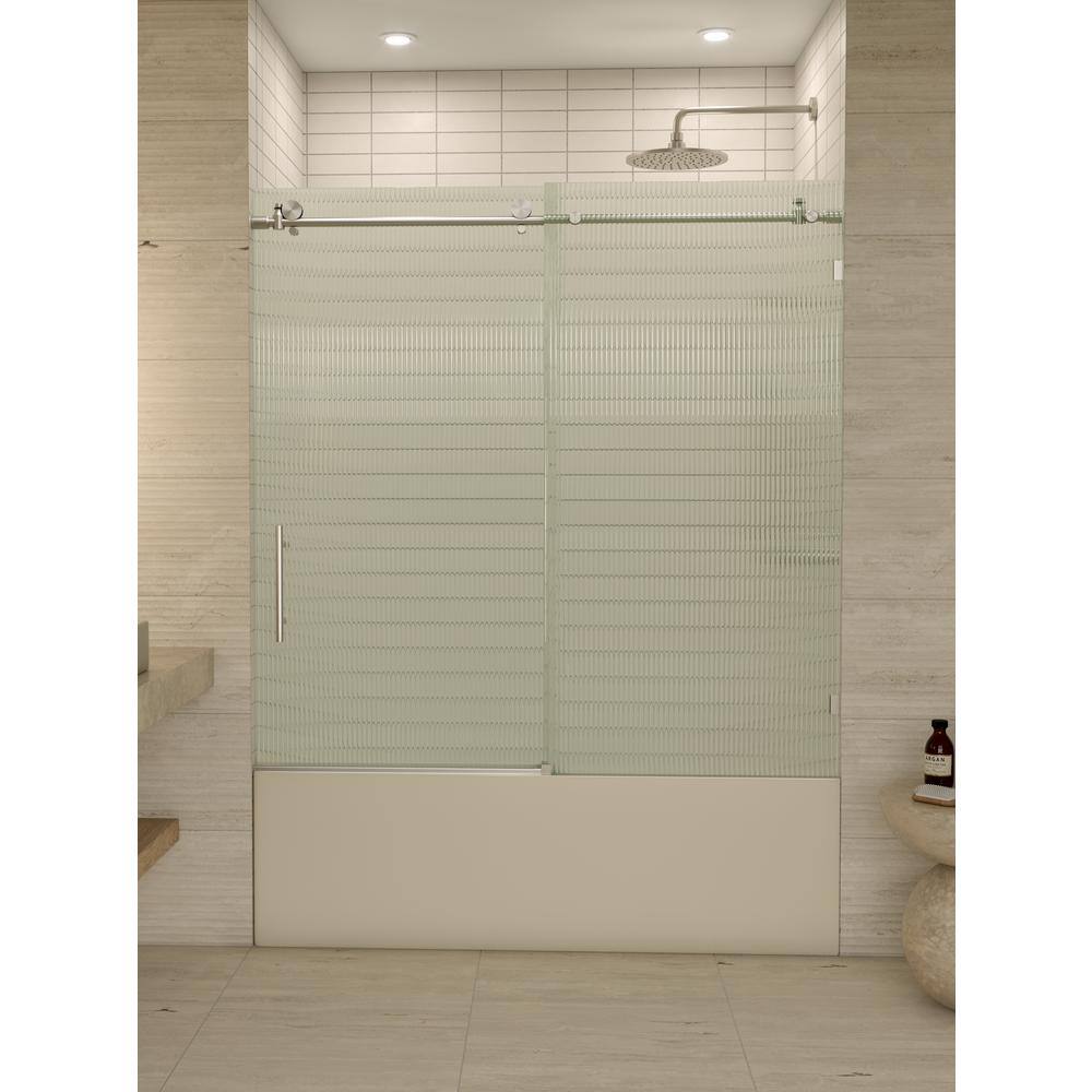 Galaxy 60" Frameless Fluted Glass Sliding Bathtub Door in Brushed Nickel