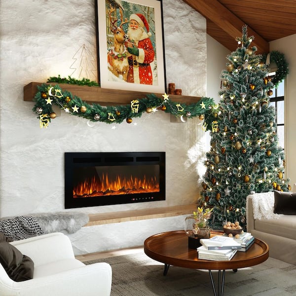 36 in. Wall Mounted/Embedded Electric Fireplace Insert with Crystal Glass Stone and Log Set