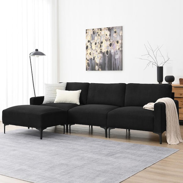 sumyeg 103.5 in. L-Shaped Modern Velvet Sectional Sofa in. Black with Convertible Ottoman