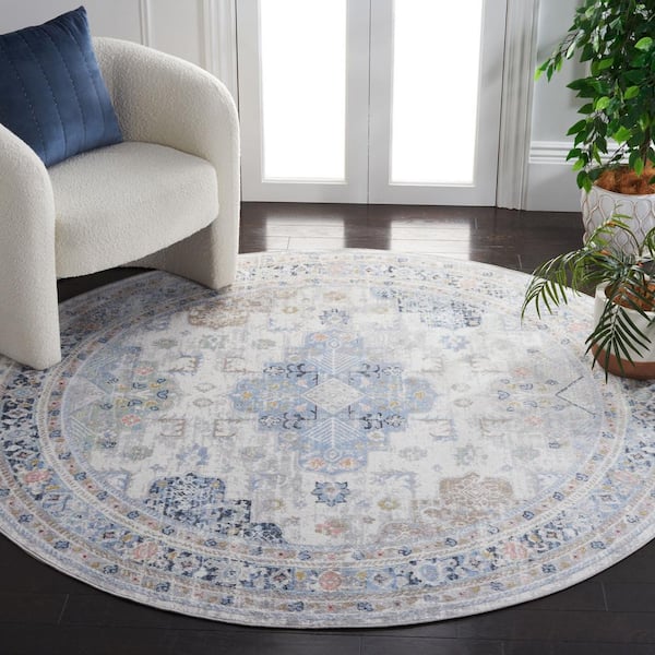 Bayside Grey/Blue 7 ft. x 7 ft. Machine Washable Border Medallion Round Area Rug