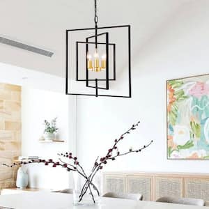 Modern 3-Light Black and Gold Dimmable Lantern Square Chandelier for Kitchen Island Living Room with No Bulbs Included