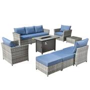 Rosemonde Gray 10-Piece Wicker Outerdoor Patio Rectangular Fire Pit Set with Denim Blue Cushions