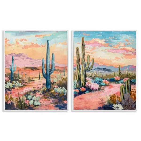 Stupell Industries Cactus Paths and Sunset by LSR Design Studio 2 Pieces White Framed Nature Giclee Art Print 20 in. x 16 in.