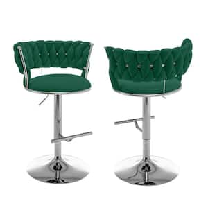 Tory 24 in. 32 in. Upholstered Emerald Green Low Back Metal Frame Adjustable Bar Stool With Velvet Fabric (Set of 2)