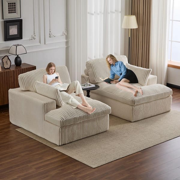 82.68 in. W Square Arm Corduroy Square Sectional Sofa in. White with Compressed, Chaise Loveseat, No Assembly Required