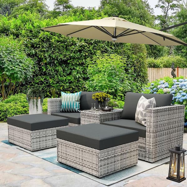 5-Piece PE Wicker Outdoor Sectional Sofa Set with Gray Cushions, Free ...