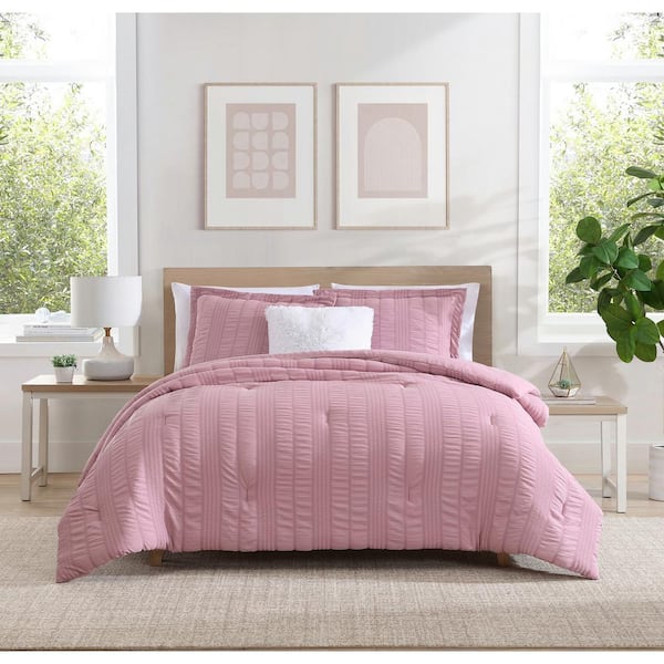 CEDAR COURT Morgan Textured Seersucker Stripe Rose 2-Piece Soft Polyester Seersucker Comforter Set - Twin