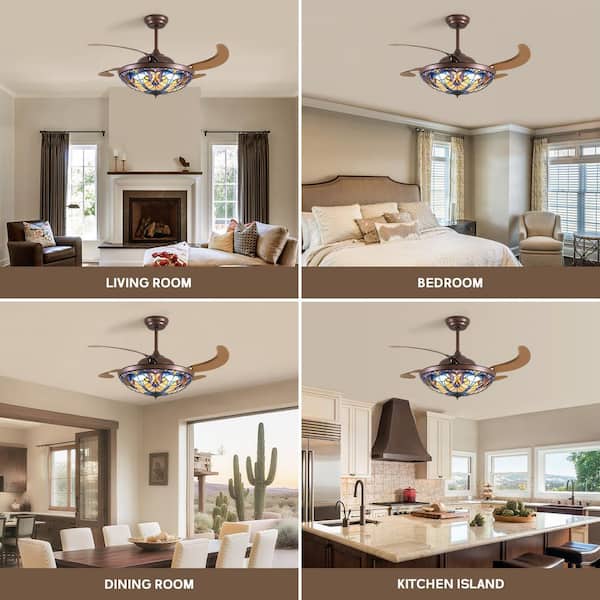 52 in. Downrod Mount Indoor Brown Tiffany Fandelier Retractable Ceiling Fan with Dimmable LED and Remote App Control