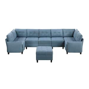 Swallowtail 138 in. Pillow Top Arm 8-Piece Fabric Sectional Sofa with Storage and Ottoman in Blue