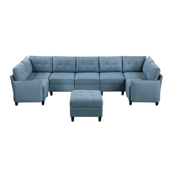 Lazzara Swallowtail 138 in. Pillow Top Arm 8-Piece Fabric Sectional Sofa with Storage and Ottoman in Blue