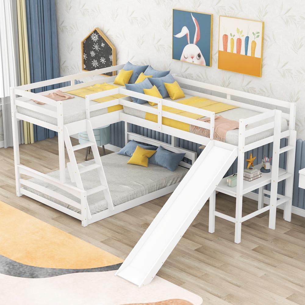 ANBAZAR White Twin Over Full L-Shaped Triple Bunk Beds with Slide and ...