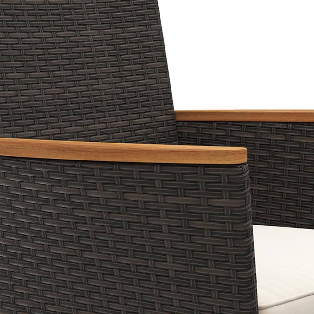 Close-up of the dark brown woven rattan and acacia wood armrest of the outdoor chair.