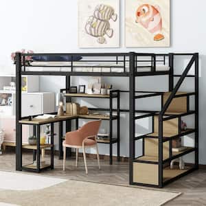 Black Metal Frame Full Size Loft Bed with Shelves, Built- in Wood Desk, Storage Staircase
