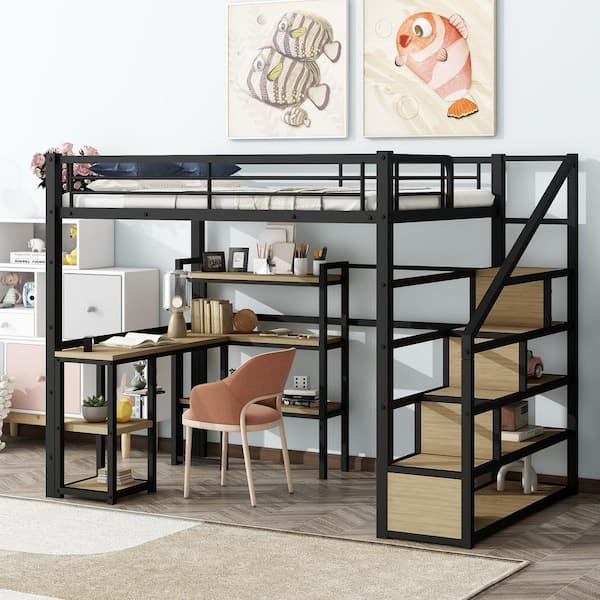 Harper & Bright Designs Black Metal Frame Full Size Loft Bed with Shelves, Built- in Wood Desk, Storage Staircase