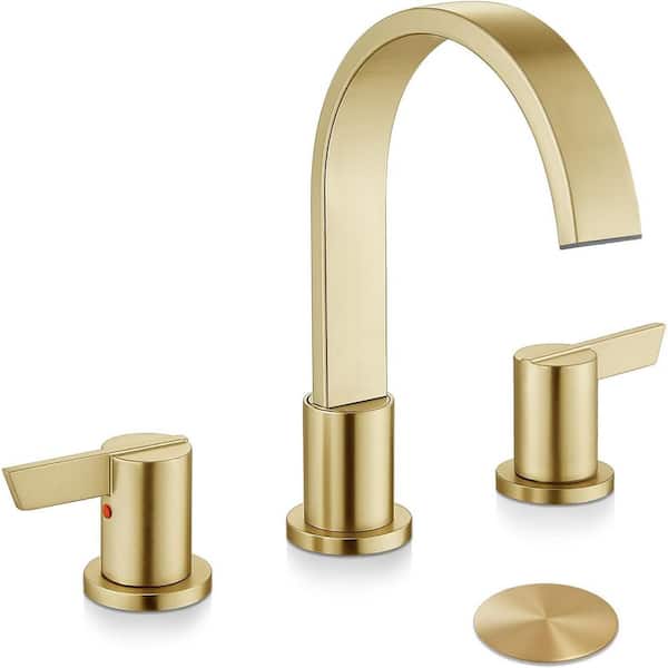 Pdpbath 8 in. Widespread Double Handle Bathroom Faucet with Pop Up Drain in Brushed Gold