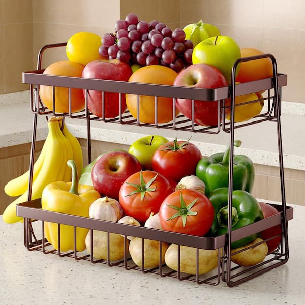 2 Piece Dual-Tier, Space-Saving Kitchen Fruit Basket Set, Removable Banana Hanger, Smooth Stainless Steel Frame, Brown