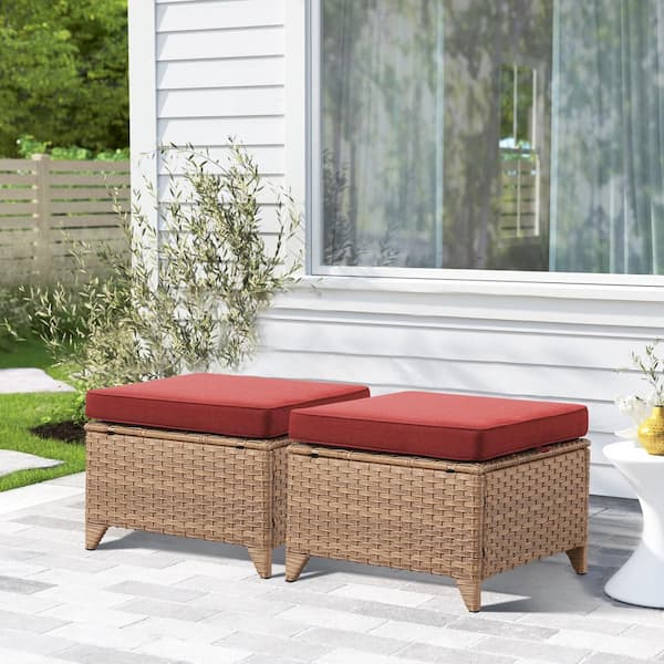Yellow Wicker Outdoor Ottoman, All-Weather Patio Ottomans (Set of 2) PE Wicker Steel Frame with Red Cushions (2-Pack)