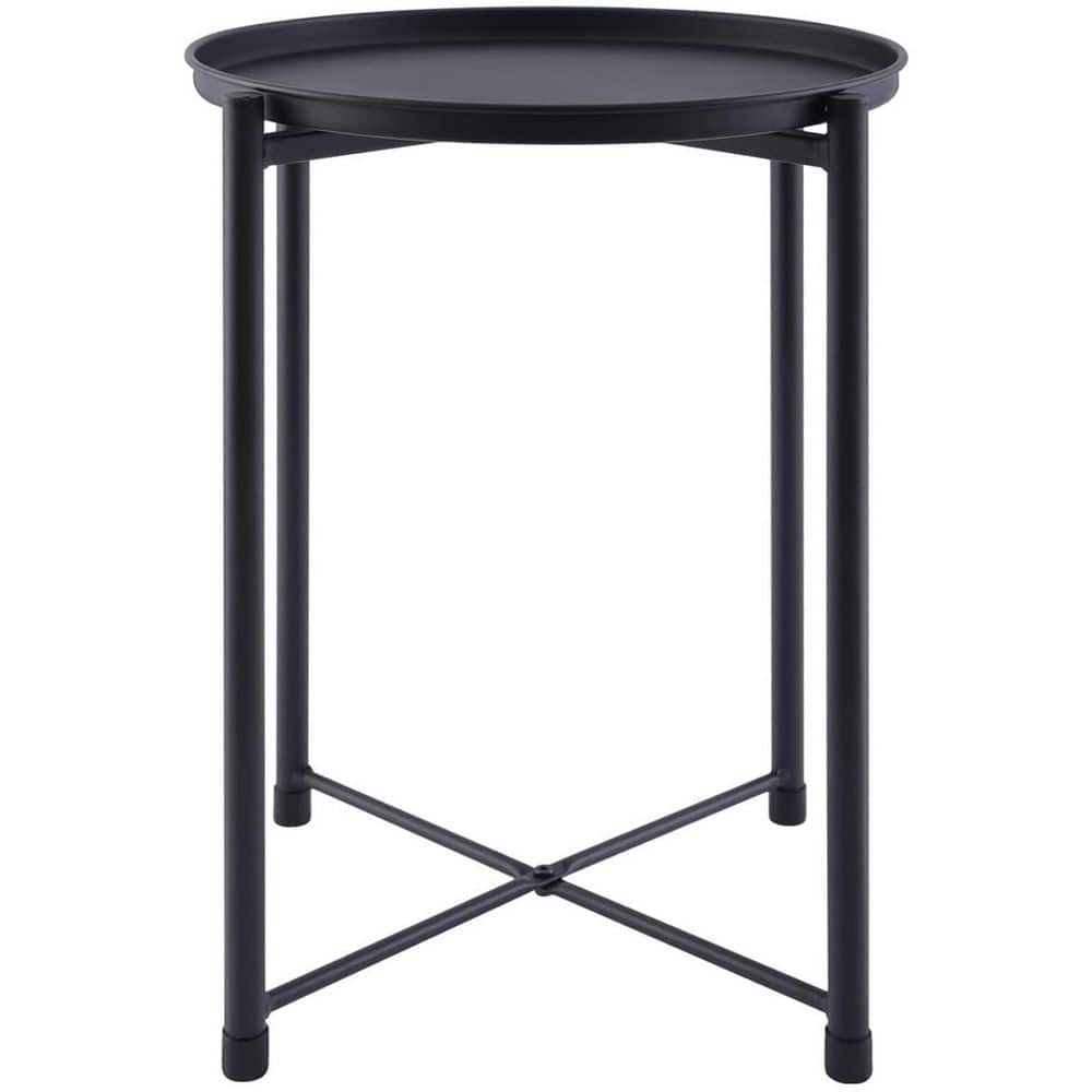 Huluwat 16 in. W Black Round Metal Tray End Table with Removable Top