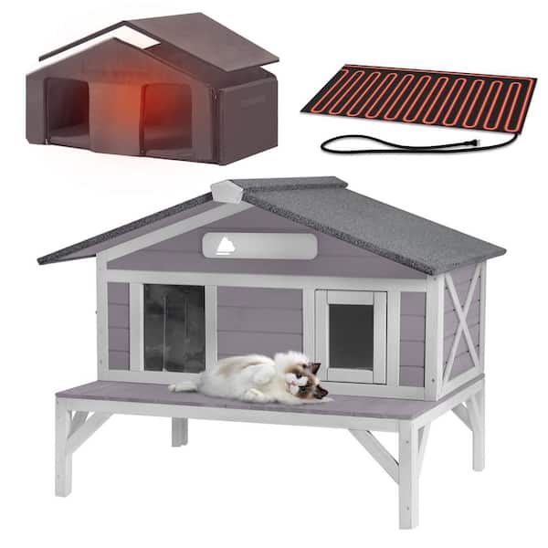 Wooden Heated Cat House with Insulation, Outdoor Feral Cat House with Heating Pad-Gray