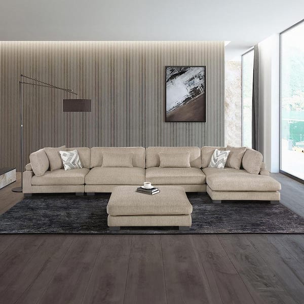 Beane 180 in. Pillow Top Arm 5-Piece Textured Microfiber Modular Sectional Sofa in. Brown with Chaise and Ottoman