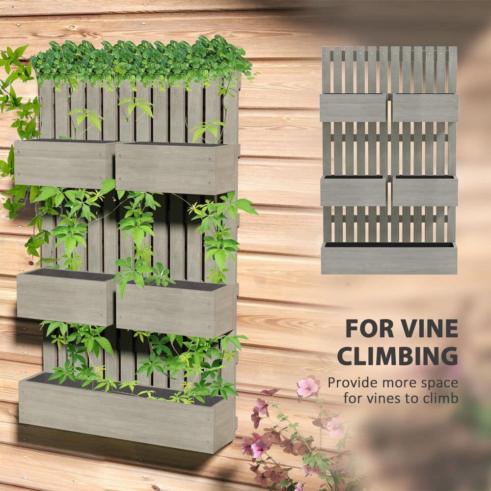 Gray Fir Wood Wall-Mounted Trellis Planter with Raised Garden Beds