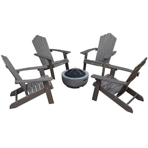 Lanier 5-Piece Brown Recycled Plastic Patio Conversation Adirondack Chair Set with a Grey Wood-Burning Firepit